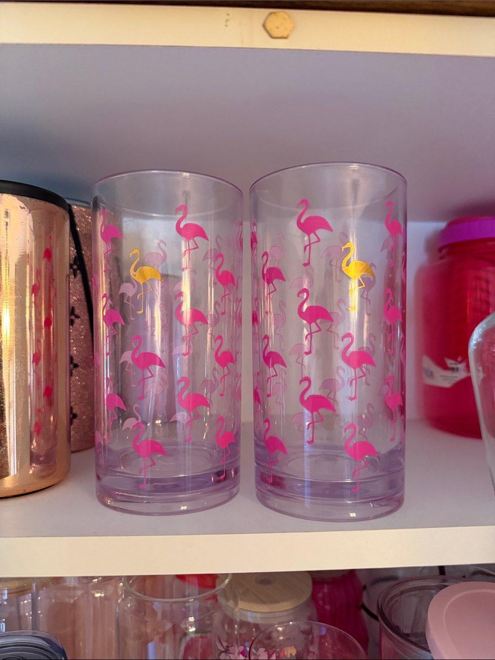 Clear plastic Tumbler Set with Pink Flamingo and Gold Accent Pattern